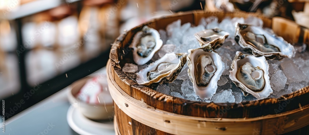 Poster bucket of ice with fresh oysters placed on a table at the japanese restaurant ready for serving appe