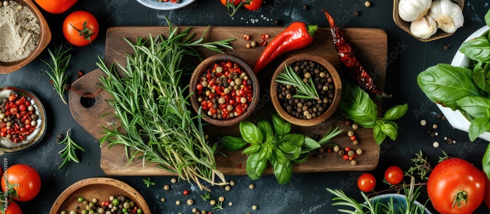 Poster top down view of a tray featuring fresh vegetables aromatic spices and rosemary on a cooking themed 