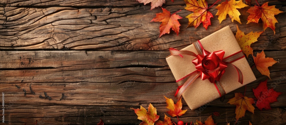 Poster autumn themed composition featuring a gift box maple leaves and a festive ribbon bow set on a rustic