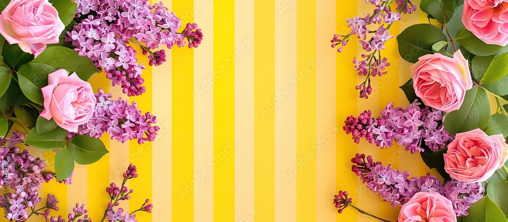 Poster pink roses and lilacs border a striped yellow backdrop with a spot for your copy space image