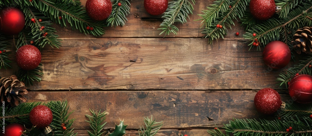 Aufkleber a rustic wooden board serves as a holiday background frame with red christmas balls on fir tree bran