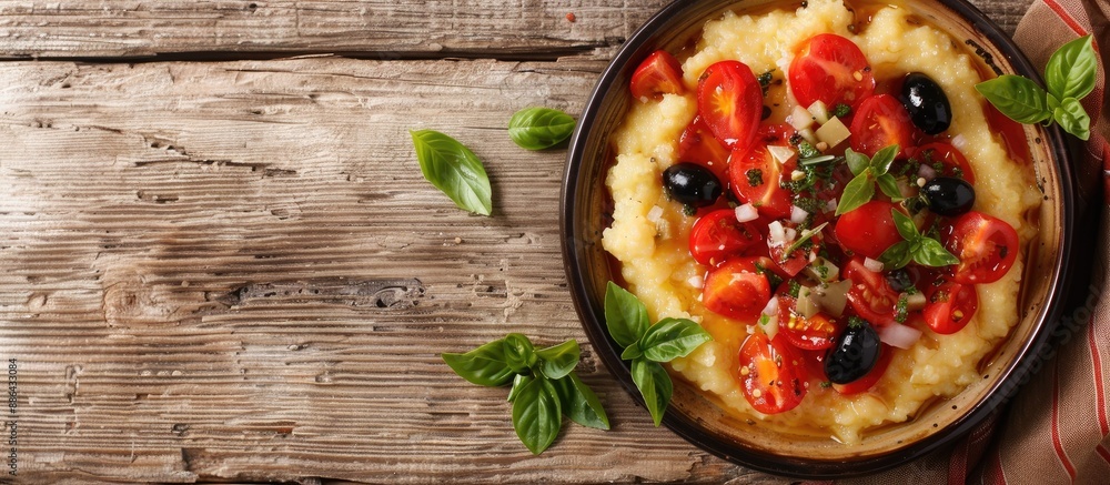 Aufkleber delicious polenta appetizer topped with tomatoes and black olives viewed from the top with copy spac