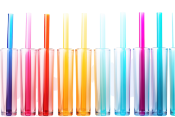 A Row of Colorful Straws in Clear Glasses Against a White Background on a White or Clear Surface PNG Transparent Background