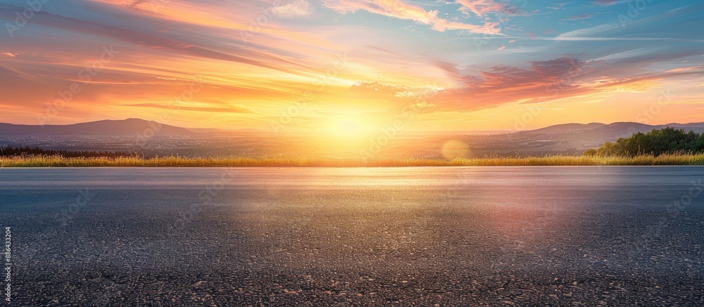 Aufkleber Sun rising on the skyline over an empty asphalt road with a colorful sunset painting the backdrop in a minimalist style design creating a nature background landscape with ample copy space for an image