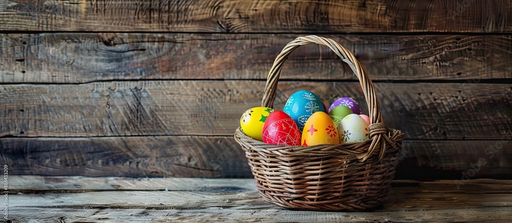 Aufkleber easter basket filled with colorful eggs on a rustic wooden background perfect for copy space image