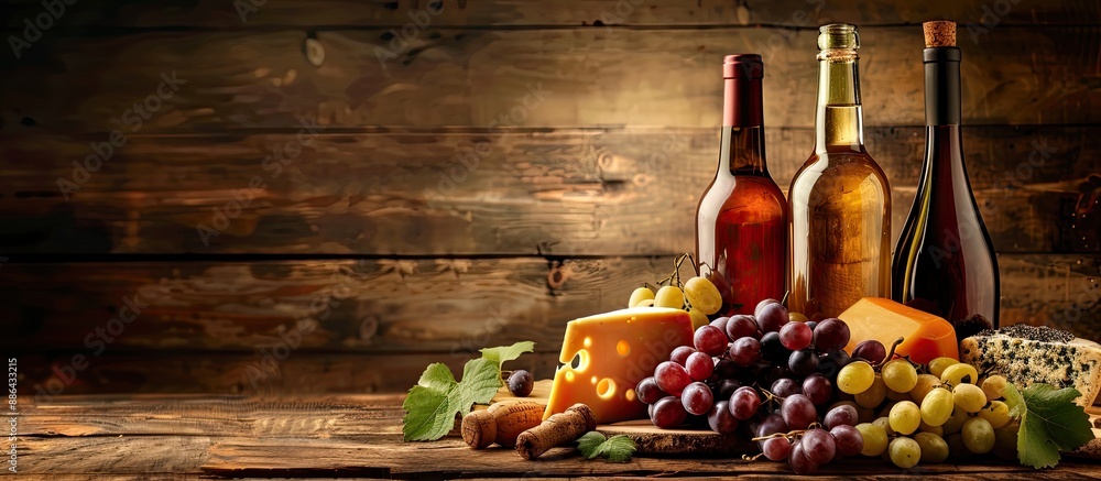 Poster wooden rustic background enhances wine bottles with grapes and cheese providing copy space image