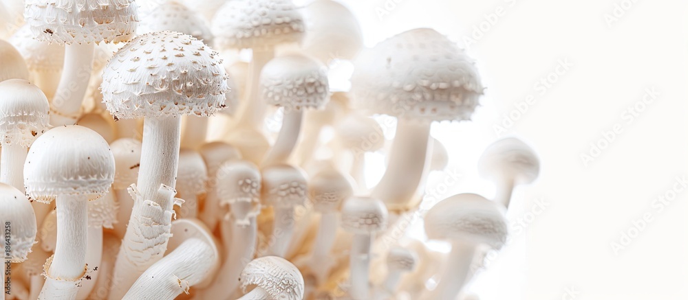 Poster lots of white mushrooms displayed on a plain white background with copy space image