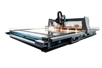 A Modern Industrial Cutting Machine In Action on a White or Clear Surface PNG Transparent Background