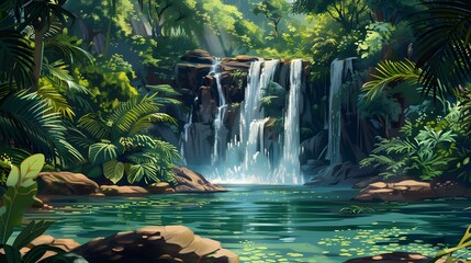 Breathtaking waterfall cascading into a pristine pool surrounded by lush green jungle, ideal for refreshing and vibrant designs. 