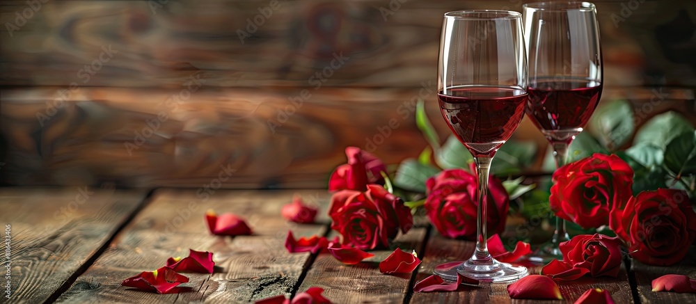 Aufkleber a charming arrangement featuring wine and roses set against a rustic wooden backdrop ideal for a cop