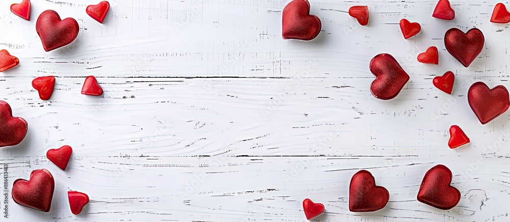 Poster a top view flat lay valentine s day frame with red hearts on a white wooden background featuring a l