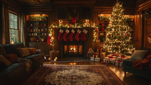 holiday home decor, warm and festive holiday vibe in the cozy living room with twinkling fairy lights, handmade stockings, and a beautifully adorned christmas tree by the fireplace