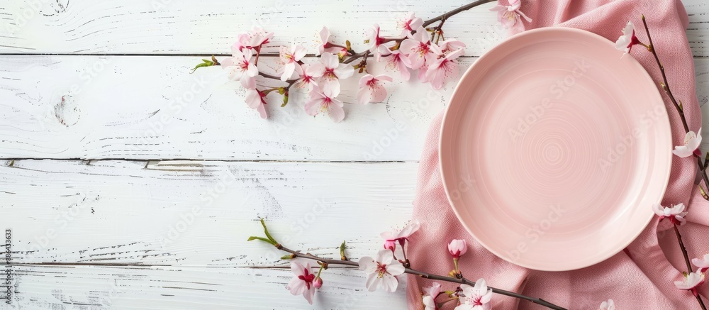 Poster pink plate napkin and cherry blossom branches on a white wooden background creating an exquisite com
