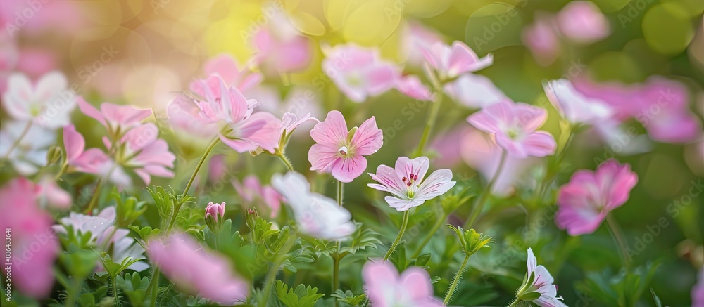 Poster small pink and white spring flowers in full bloom in the garden with copy space image