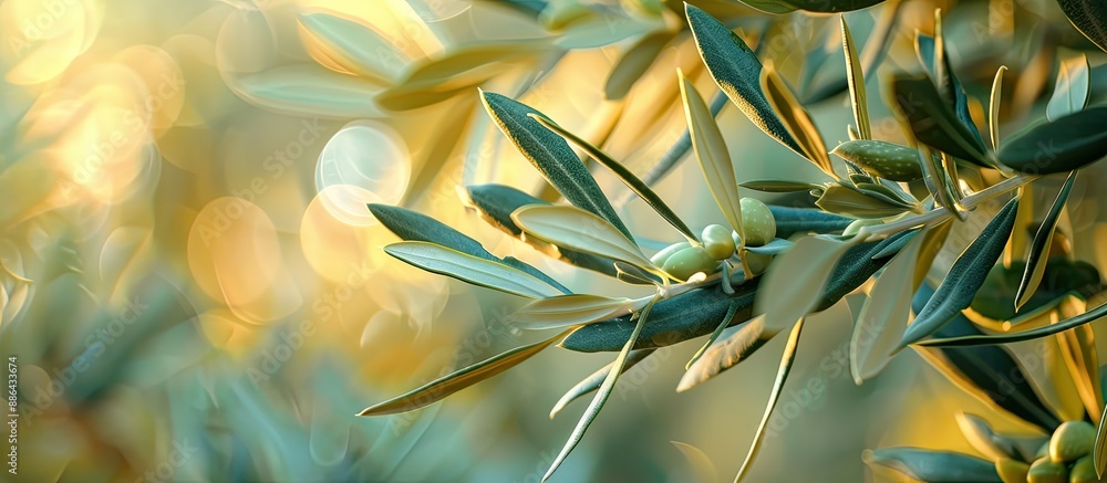 Aufkleber macro photograph of olive leaves and branches creates a soft focus image ideal for organic farm rest