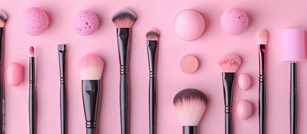 Poster pink background with a variety of makeup brushes sponges and cosmetics displayed creating a vibrant 