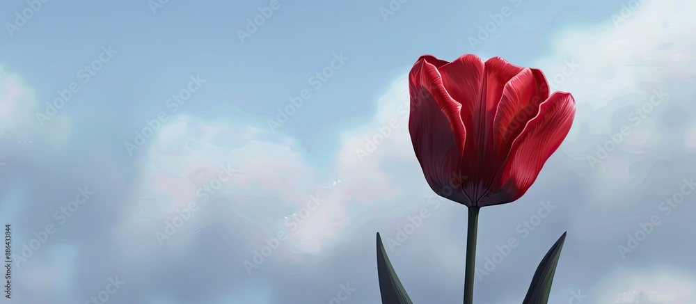Aufkleber A single deep hued tulip blossoming in a domestic garden set against a background of the sky. with copy space image. Place for adding text or design