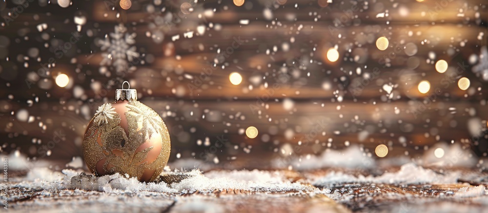 Poster Wooden background with snowflakes features a Christmas ornament and a greeting card for Merry Christmas and Happy New Year including space for text in the image. with copy space image
