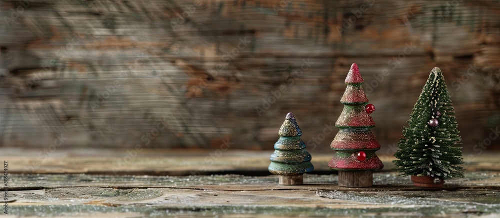 Poster Christmas toys displayed on a rustic wooden surface with a background perfect for a copy space image