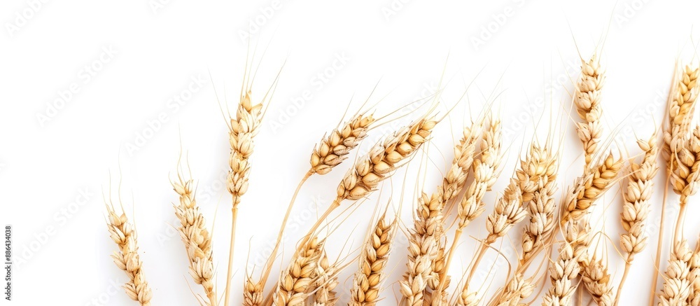 Poster ripe golden wheat ears on a white background with copy space image