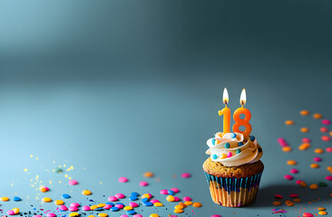Birthday cupcake with number eighteen candle