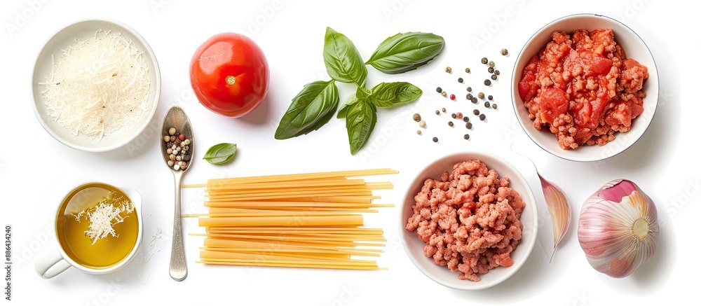Aufkleber top down view of ingredients like ground meat pasta onions and tomato sauce on a white background fo