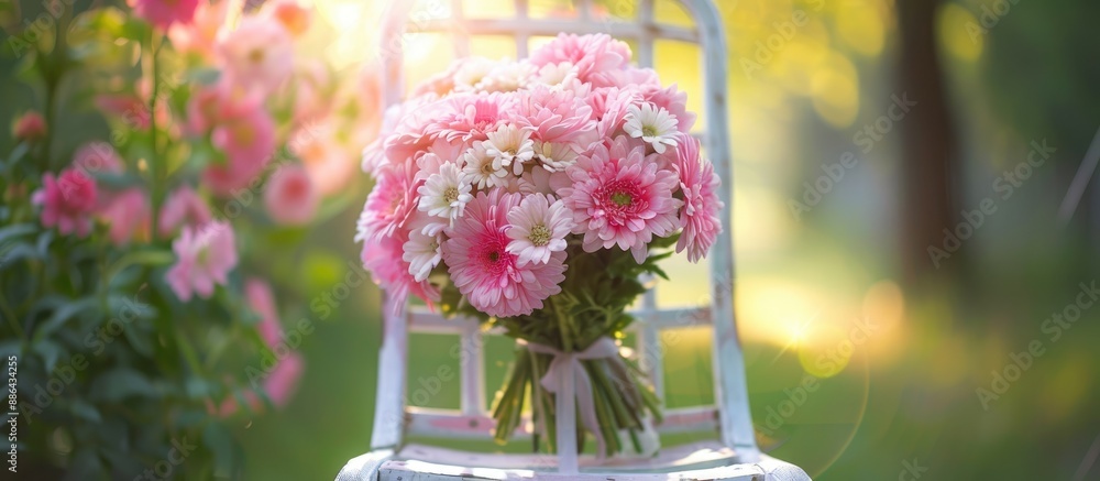 Poster a pink flower bouquet placed on a garden chair with a background perfect for adding text or an image