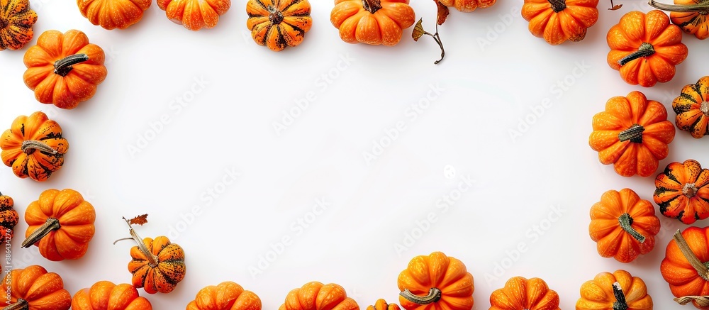 Aufkleber A Halloween themed arrangement with a frame of tiny pumpkins on a white background offers space for additional text or images