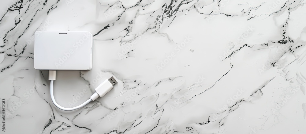 Poster usb cable with wall charger set on white stone table background featuring copy space image