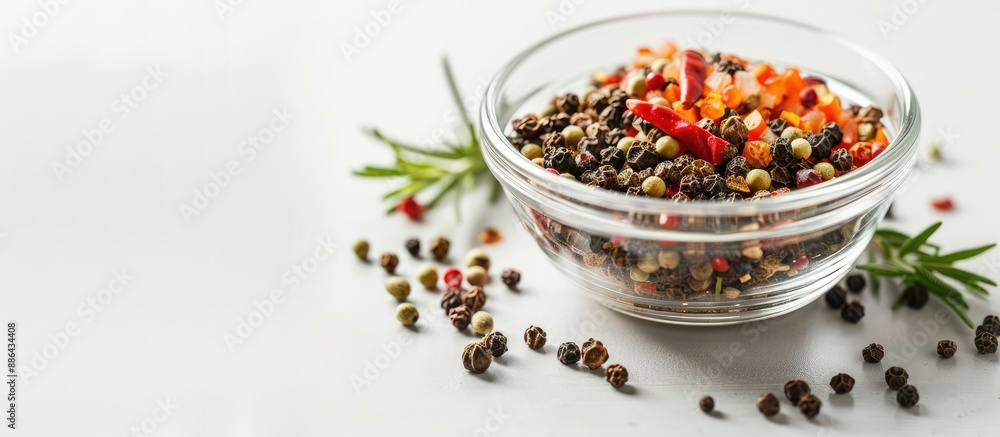Poster enhance taste with spices in a glass bowl on a light background with copy space image