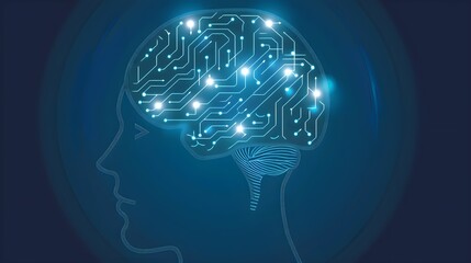 Silhouette of a human head with a digital brain circuit on a dark blue background, concept of artificial intelligence.