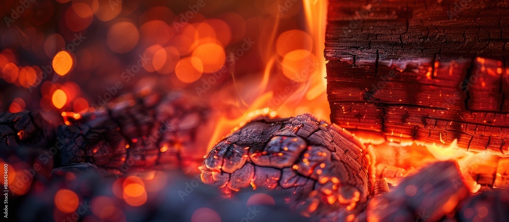 Poster Close up of a burning firewood in a fireplace with an orange bokeh effect creating a glowing copy space image in a vibrant red hue