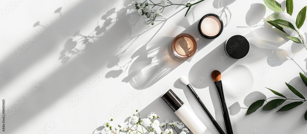 Aufkleber Luxurious cosmetics displayed elegantly on a white backdrop with room for text in a copy space image