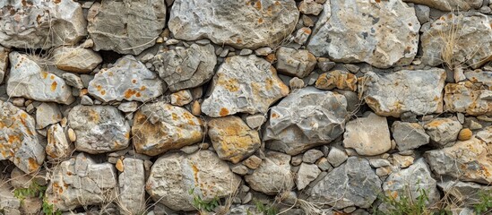 Obraz premium Ancient stone wall with granite rocks showcasing historical architecture serves as a decorative boundary for properties and roads providing habitats for reptiles and small creatures in tourism copy s