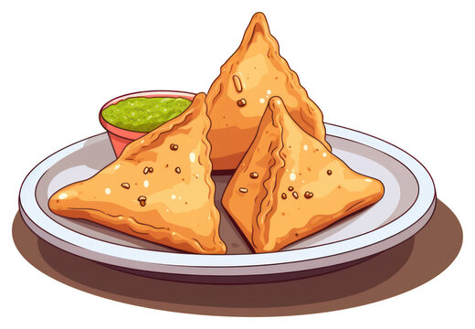 samosas with green chutney on plate clip art preview