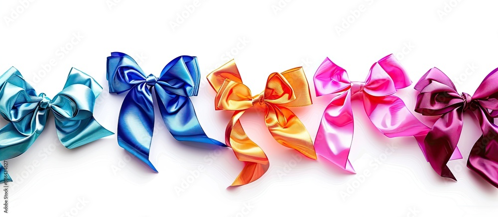 Poster Copy space image with colorful ribbons and bows set against a white background