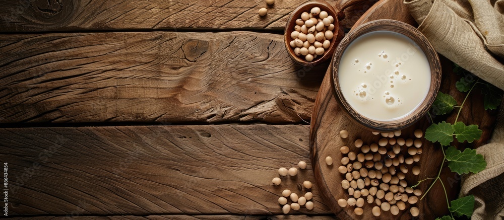 Aufkleber Wooden table featuring fresh soy milk and beans displayed in a flat lay arrangement with ample space available for text in the image