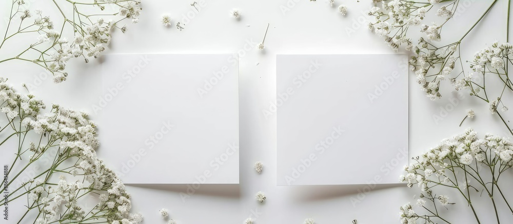 Poster wedding invitation card mockup with stylish gypsophila flower decorations on both sides for a modern
