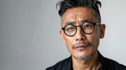 Fototapeta premium A man with dark hair and a goatee stares directly at the camera, showcasing his quiet strength and determination