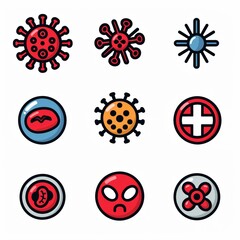A set of cartoonish icons for viruses and bacteria. The icons include a red and blue circle with a black dot in the middle, a red and yellow circle with a black dot in the middle, a red