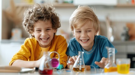 Two young boys delight in conducting science experiments in a kitchen-like setting, using colorful beakers and scientific tools, conveying curiosity and learning.