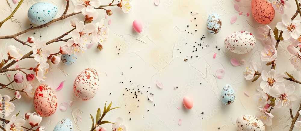 Poster vintage easter themed background with blooming spring branches eggs and a top down perspective featu