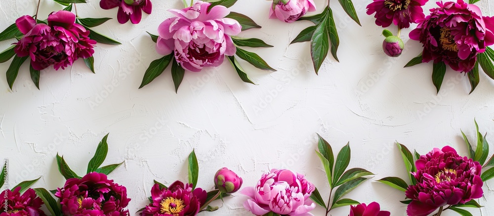 Aufkleber Top view of a horizontal frame with a lovely display of burgundy pink peonies on a white background offering ample copy space image