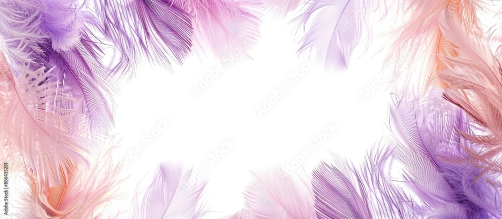 Poster white background adorned with lovely purple and soft pink feathers includes copy space image