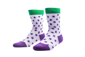 A Pair of White Socks With Purple Stars and Green Cuffs on a White or Clear Surface PNG Transparent Background