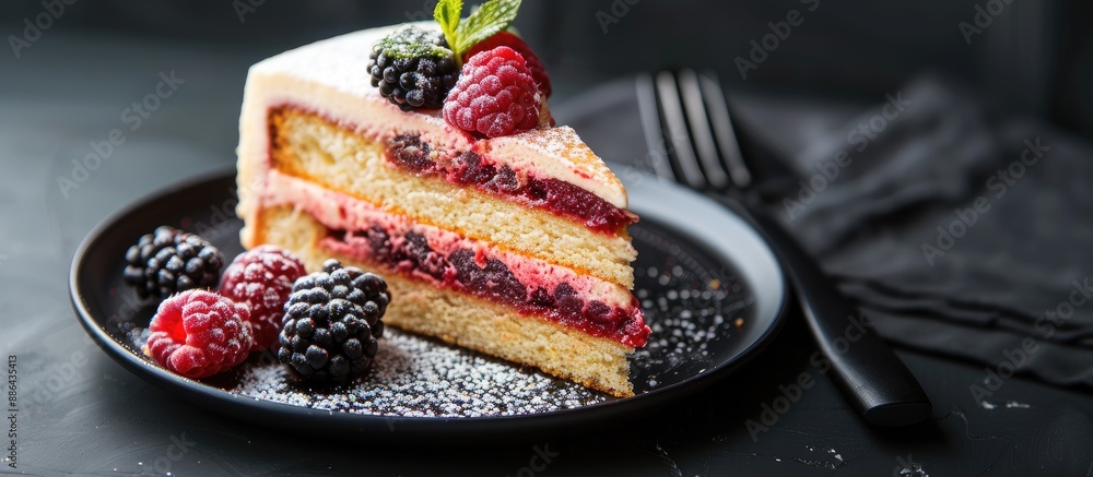 Aufkleber a luscious slice of cake rests on a black plate invitingly presented with copy space image