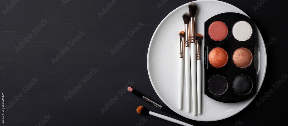 Poster makeup items arranged on a white plate against a black background with space for text includes eyesh