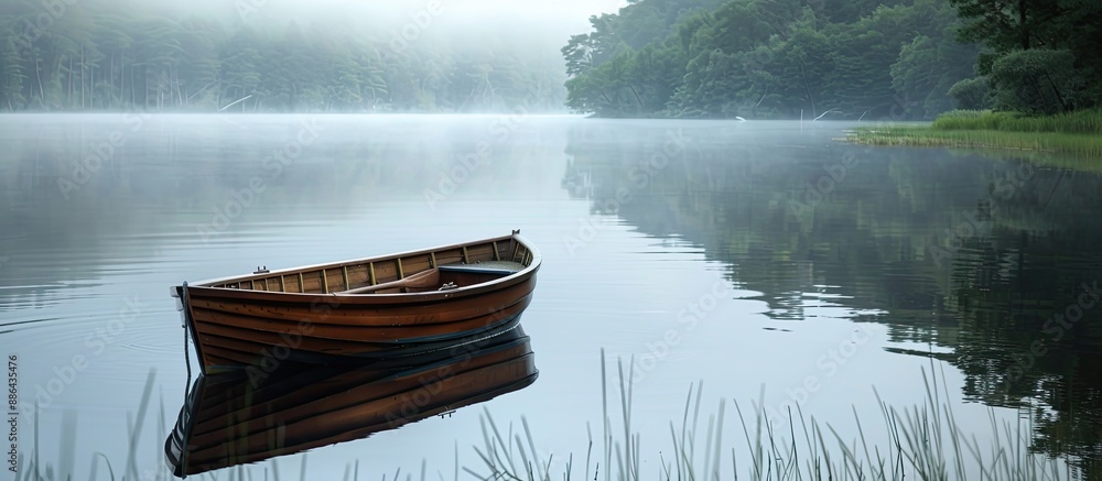 Poster a serene lake with a small boat against a backdrop of a tranquil morning in summer perfect for a cop