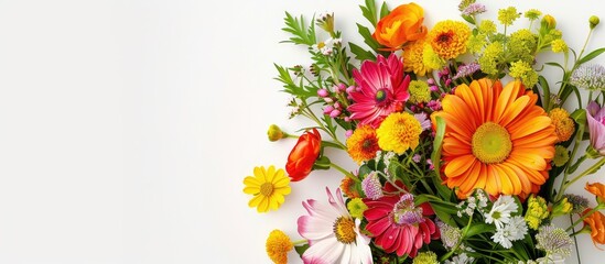 Obraz premium A blooming bouquet of spring flowers set against a white backdrop ideal for occasions like Mother s Day Valentine s Day and birthdays This top down view features ample copy space for text within the