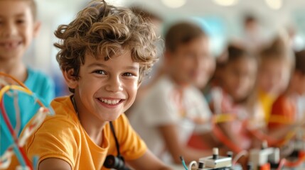 A boy smiles broadly as he participates in a science experiment in a classroom setting, surrounded by various scientific apparatus and other engaged students.